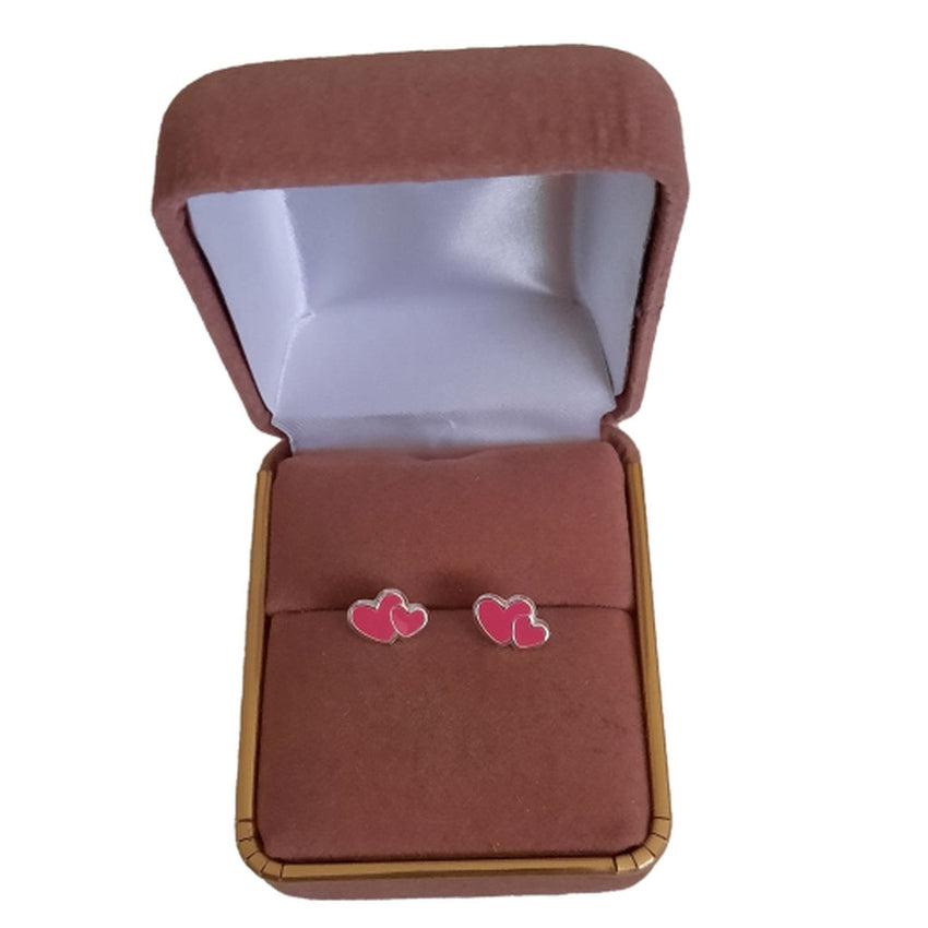 Pink Sterling Silver Double Heart Childrens Earrings