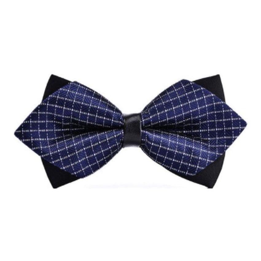 Pointed Silver Check Navy Blue Bow Tie