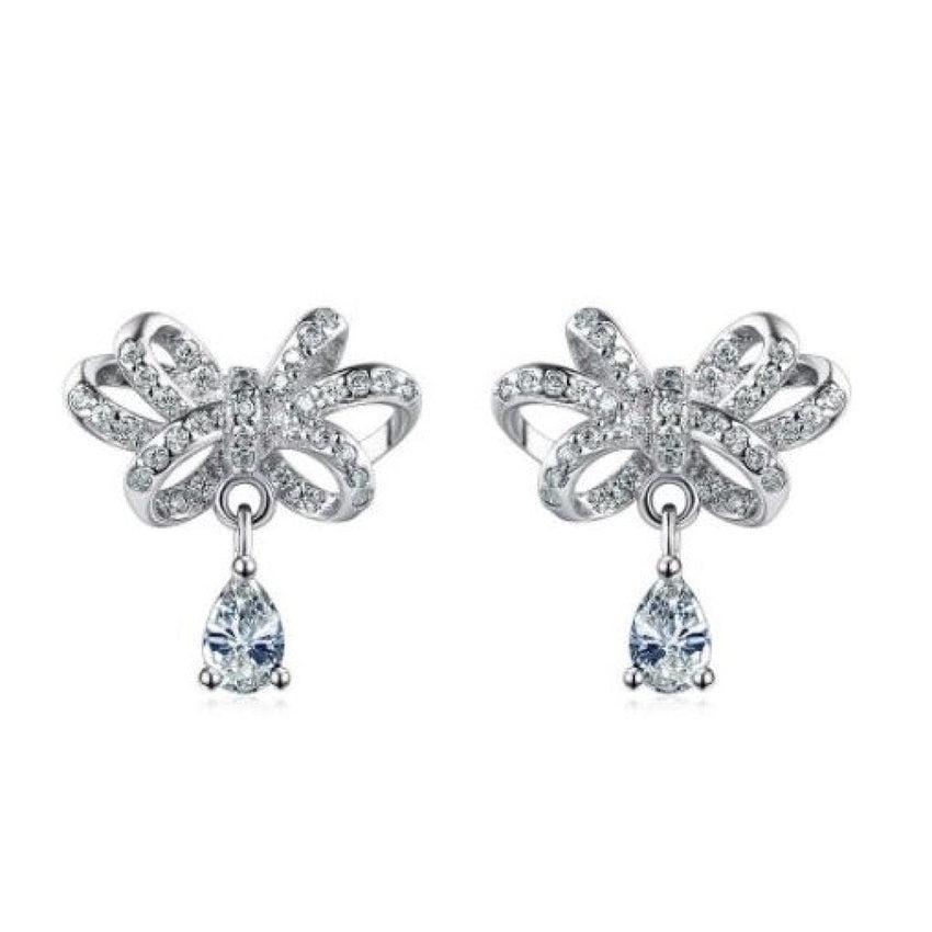 Pretty Crystal Bow Top Silver Earrings