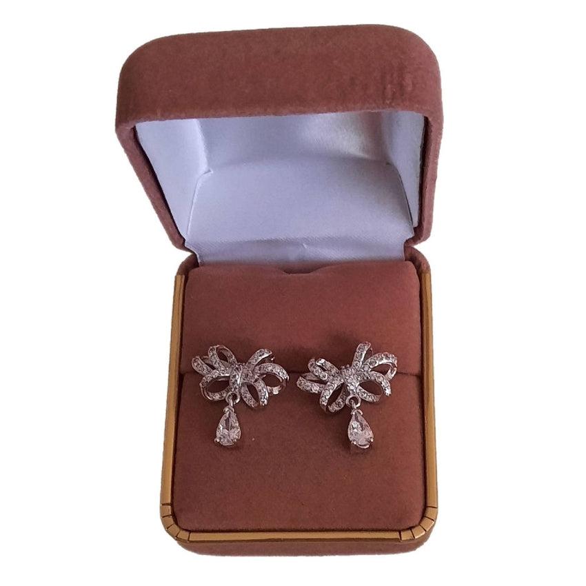 Pretty Crystal Bow Top Silver Earrings