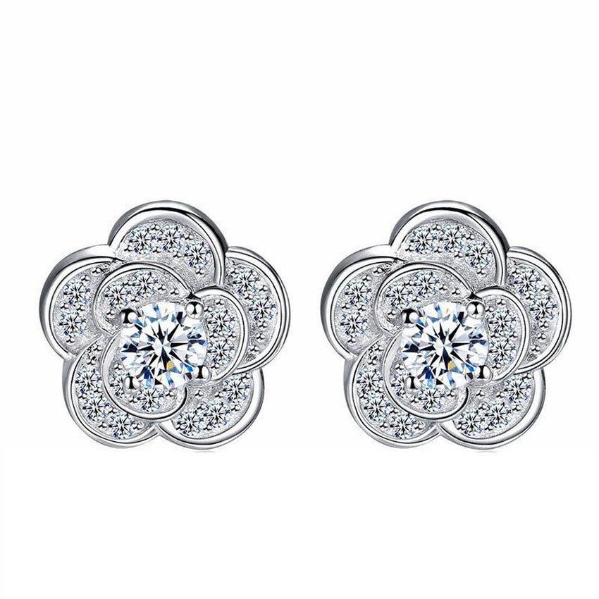 Pretty Pave Surround Sterling Silver Flower Earrings