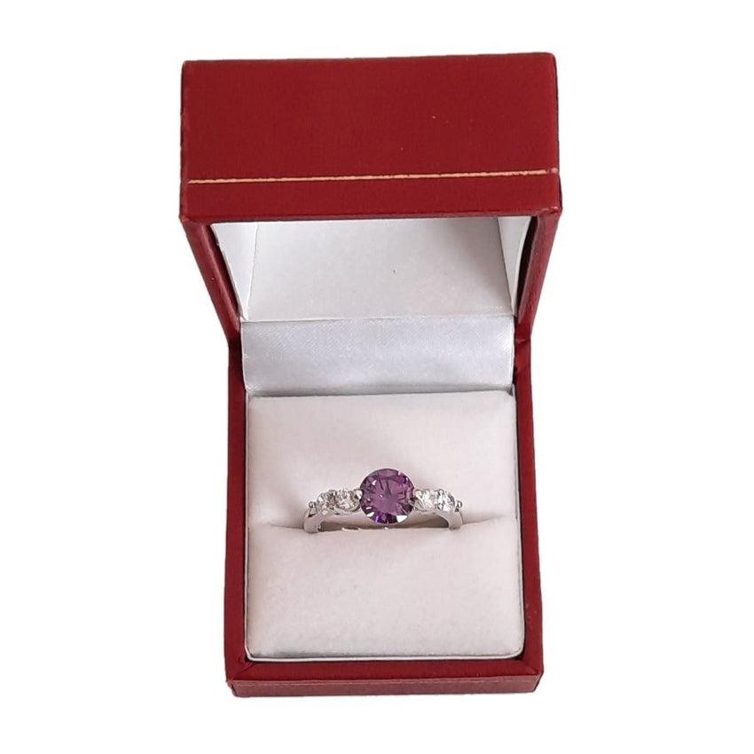 Purple Centre Stone With 2 CZ Stones Either Side Silver Ring