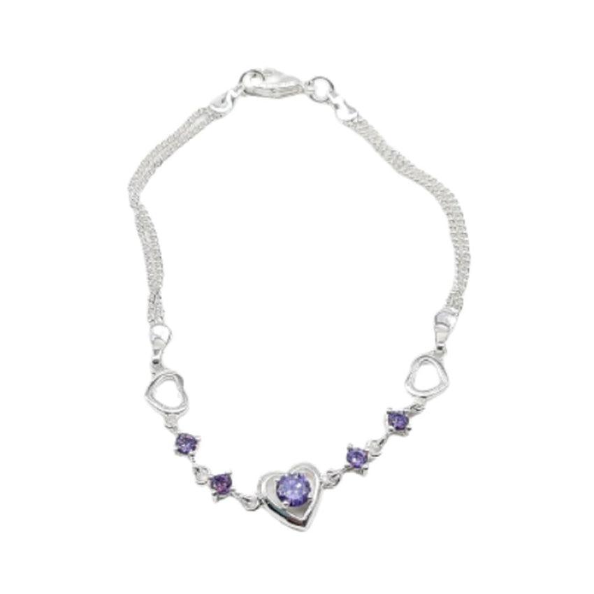 Purple Cubic Zirconia Silver Bracelet With Heart Centre