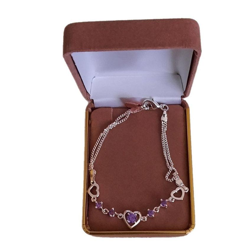Purple Cubic Zirconia Silver Bracelet With Heart Centre