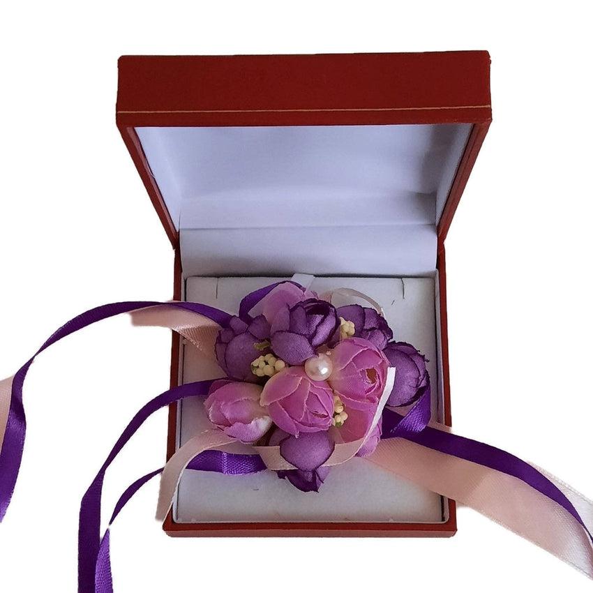 Purple Flower Bud Wrist Corsage With Pearl And Ribbon Detail