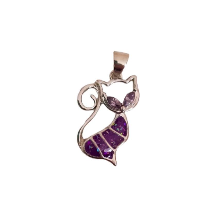 Purple Glitter Silver Cat Pendant