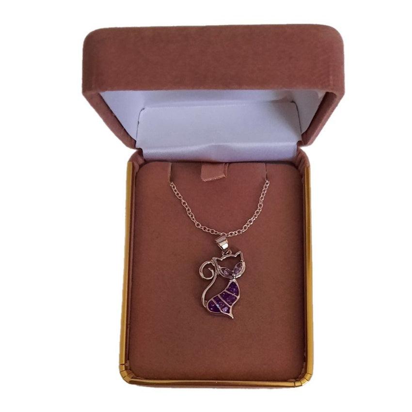 Purple Glitter Silver Cat Pendant