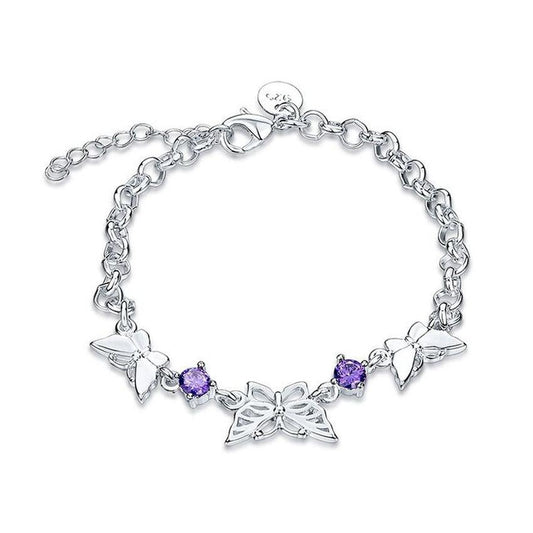 Purple Stone Butterfly Silver Adjustable Bracelet