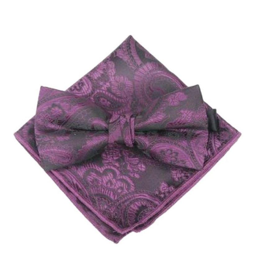 Purple And Black Paisley Patterned Bow Tie Set
