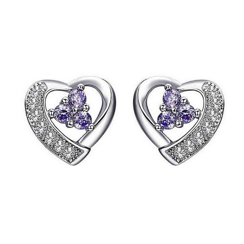 Purple Centred CZ Stone Silver Heart Earrings