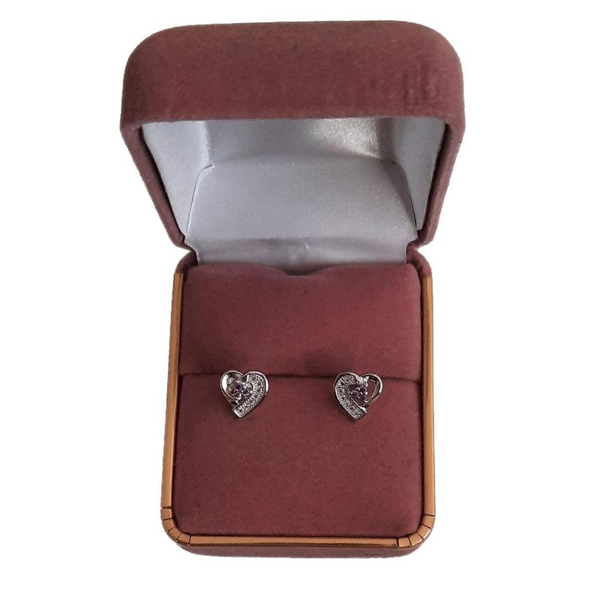 Purple Centred CZ Stone Silver Heart Earrings