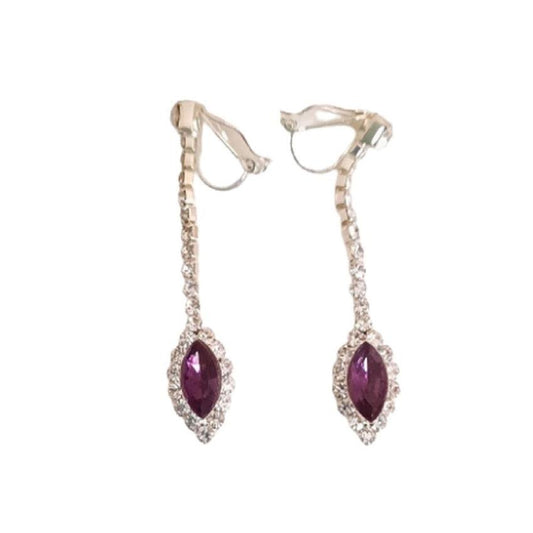 Purple Crystal Drop With White Stem Clip On Earrings