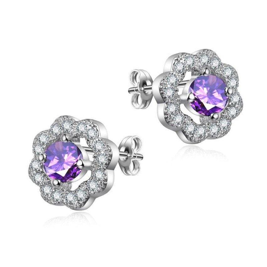 Purple Cubic Zirconia Centre Flower Design Earrings