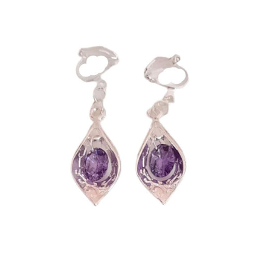 Purple Drop Silver Clip On Earrings