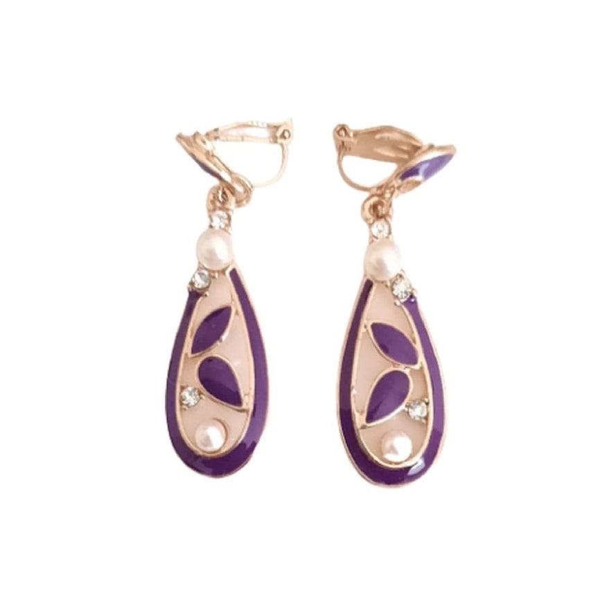 Purple Leaf And Pearl Drop Clip on Earrings