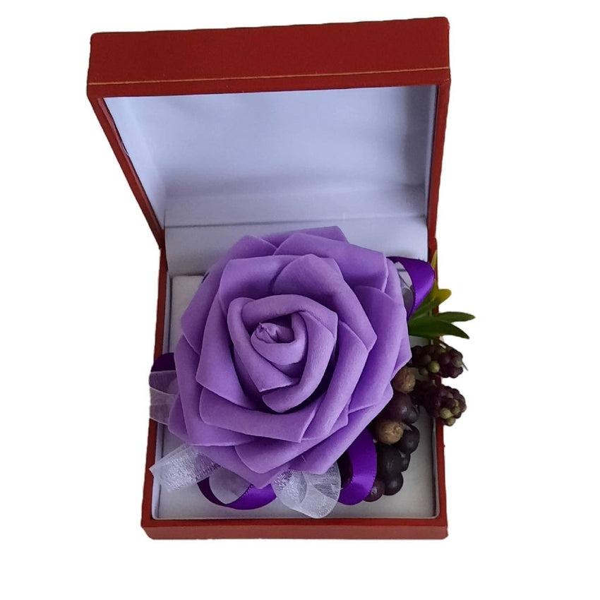 Purple Rose With Leaf Decoration Wrist Corsage