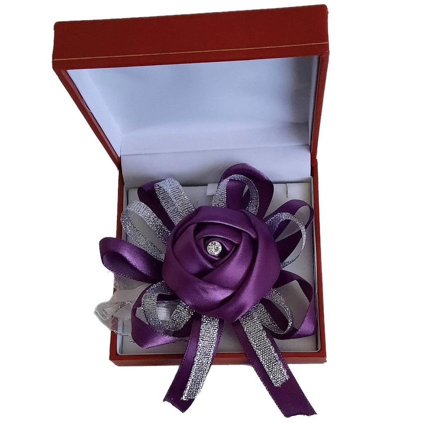 Purple Satin Rosebud With a Diamante Centre And Silver Tied Ribbon Wrist Corsage