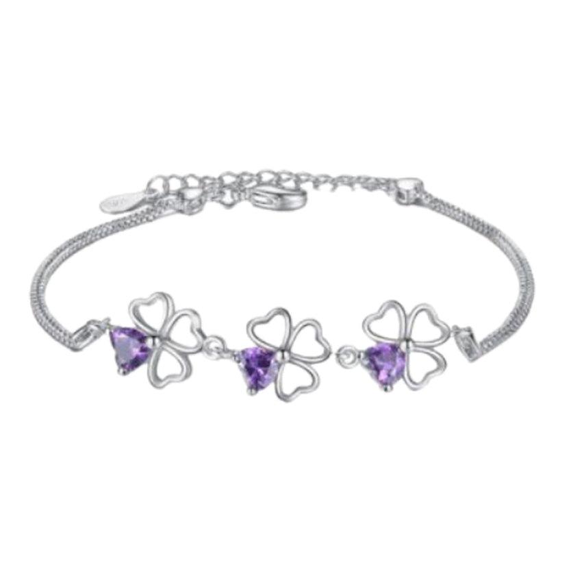 Purple Stone Silver Clover Adjustable Bracelet