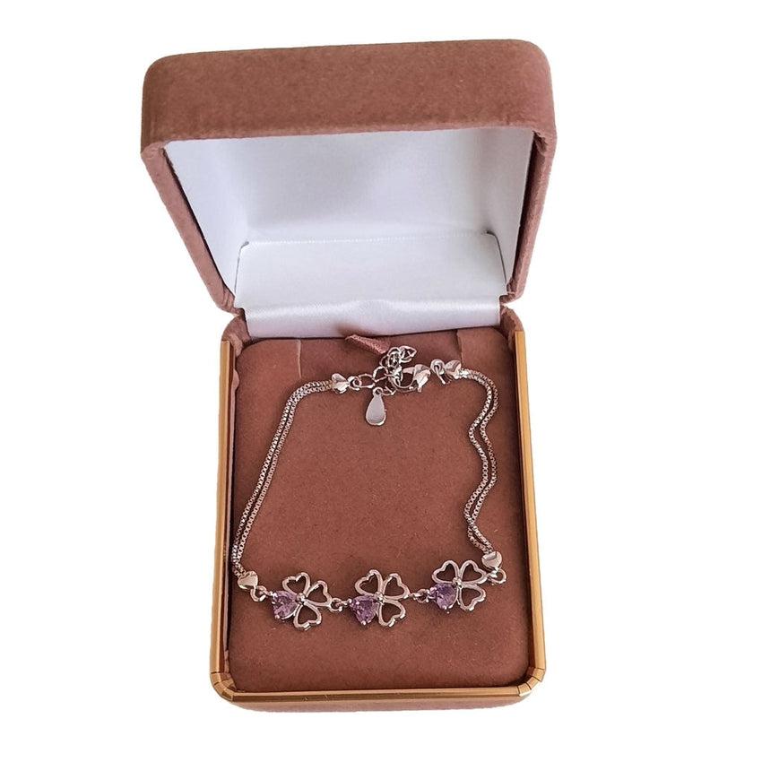 Purple Stone Silver Clover Adjustable Bracelet