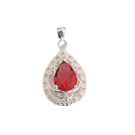 Red Centre Stone Cubic Zirconia Pendant With a Filigree Surround