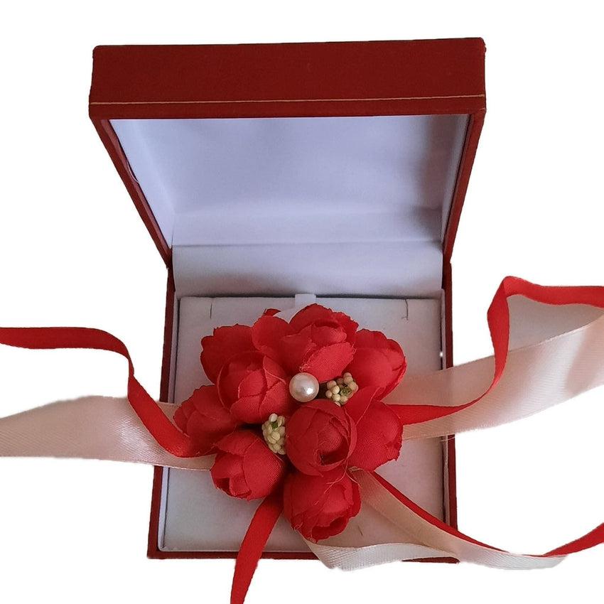 Red Flower Bud Wrist Corsage With Pearl And Ribbon Detail
