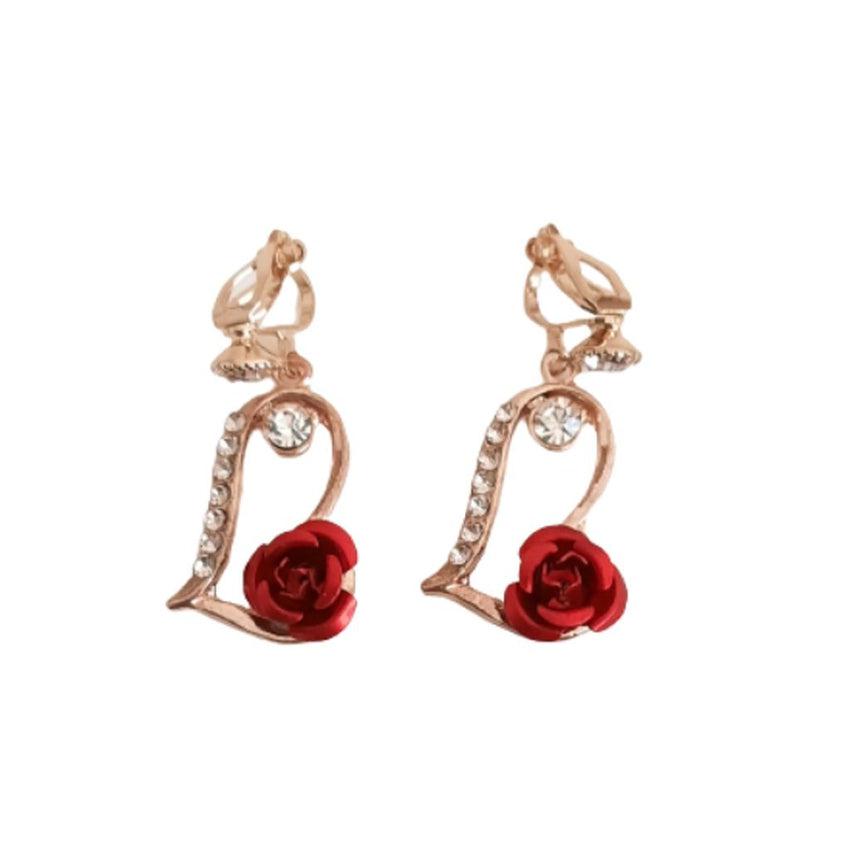 Red Flower Crystal Clip On Earrings