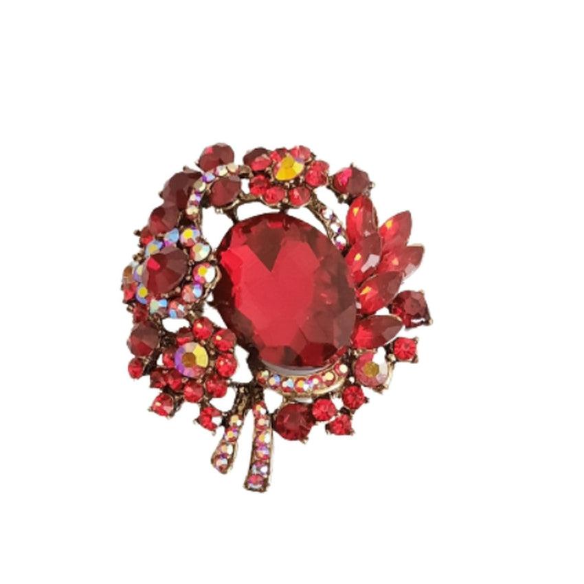 Red Stone Large Flower Centre Crystal Brooch