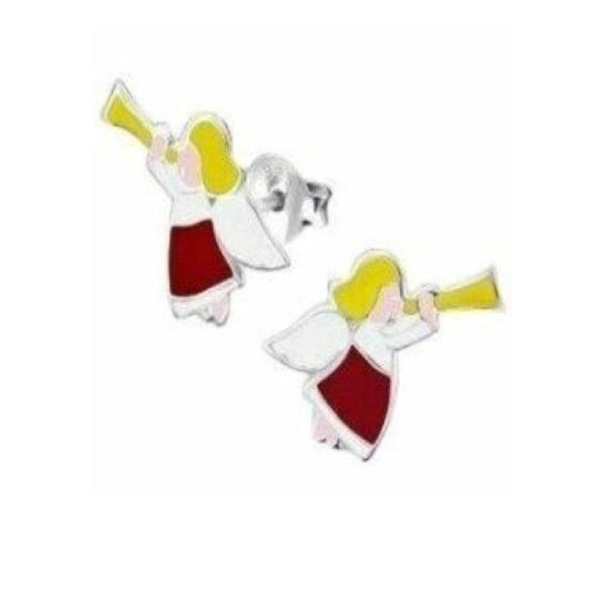 Red And White Angel Earrings With a Yellow Trumpet