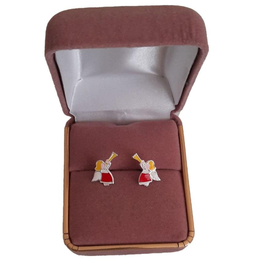 Red And White Angel Earrings With a Yellow Trumpet
