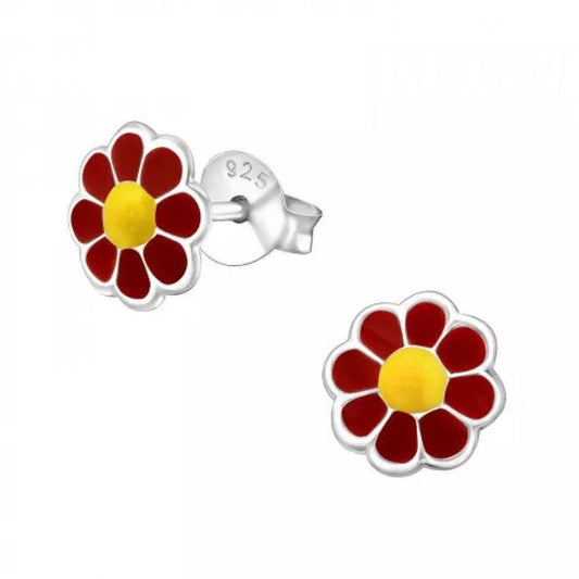 Red And Yellow Flower Sterling Silver Earrings