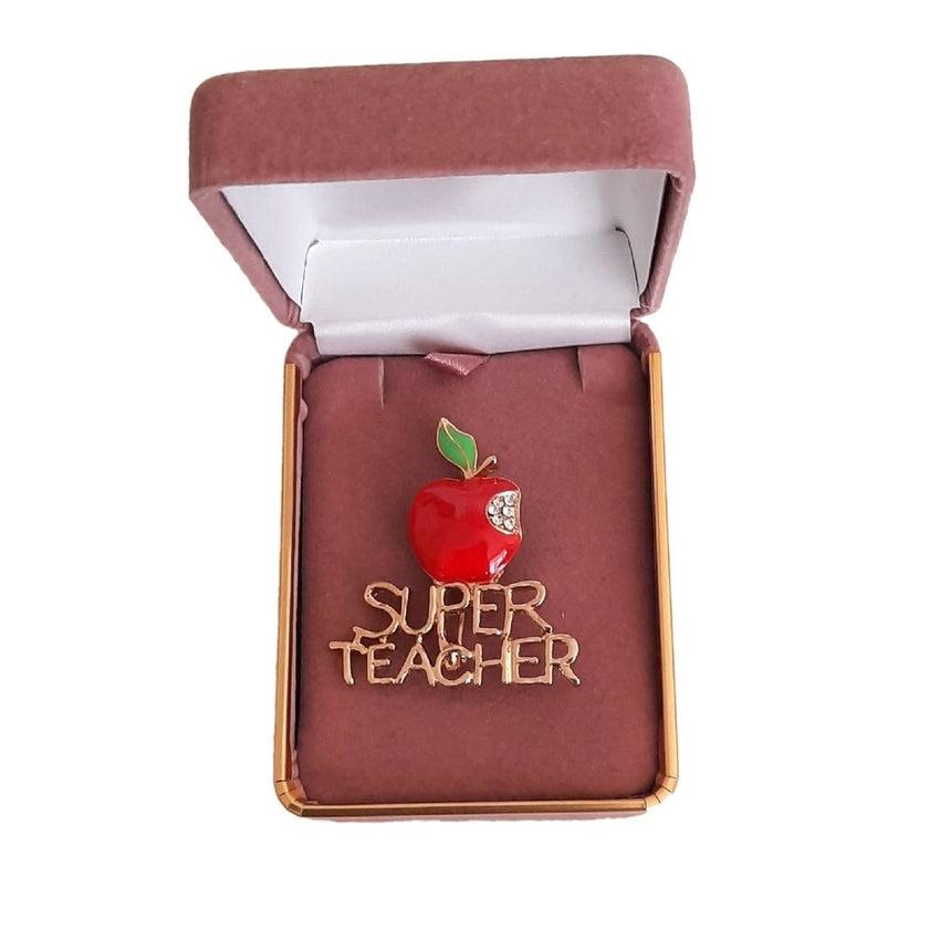 Red Apple With Super Teacher Letters Brooch