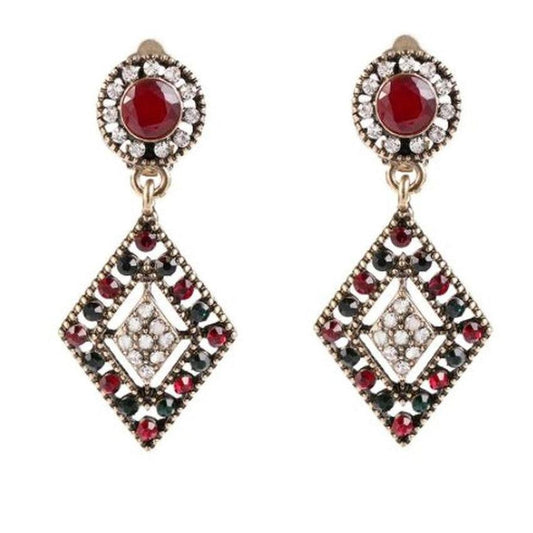 Red Boho Diamante Clip On Earrings