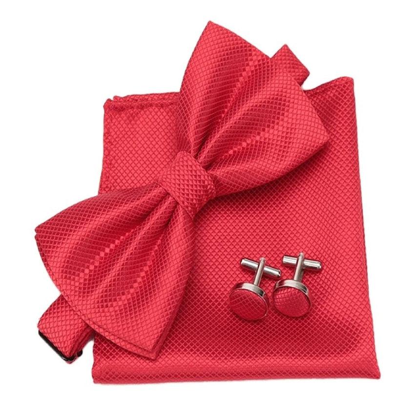 Red Cufflinks Bow Tie And Hanky Set