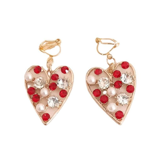 Red Heart Diamante Clip On Earrings