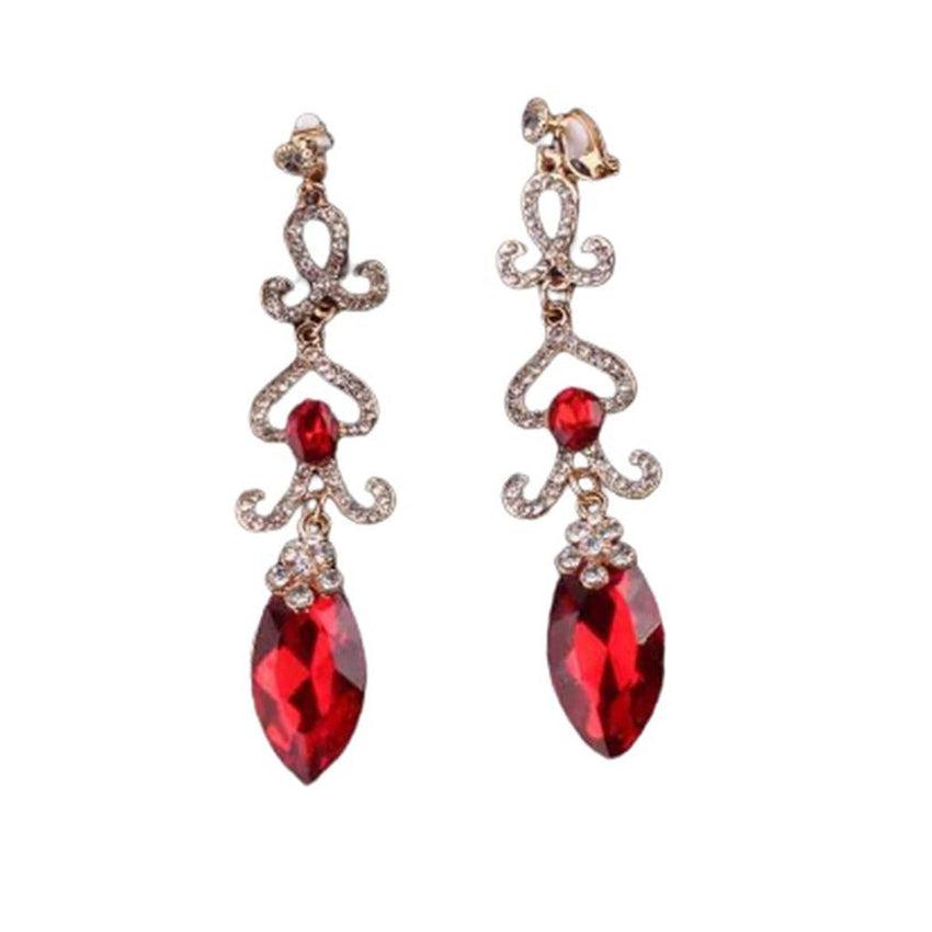 Red Long Chandelier Diamante Clip On Earrings
