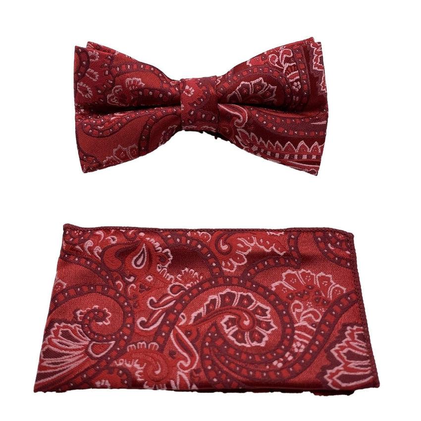 Red Paisley Pattern Matching Bow Tie And Hanky Set