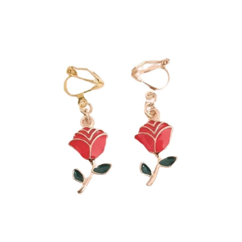 Red Rose Clip On Earrings