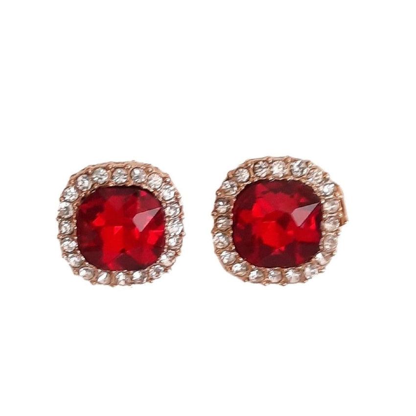 Red Square Clip On Earrings With Crystal Edges