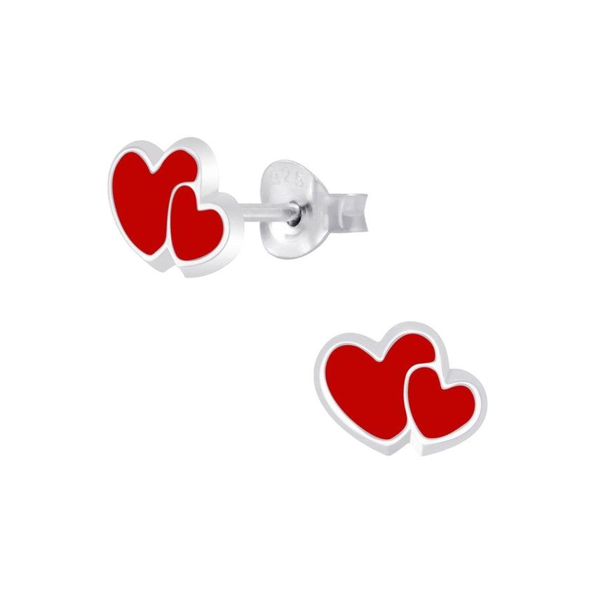 Red Sterling Silver Double Heart Childrens Earrings