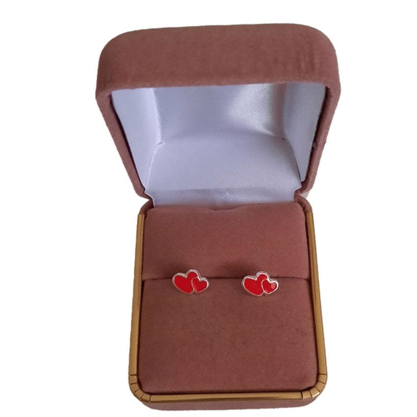 Red Sterling Silver Double Heart Childrens Earrings