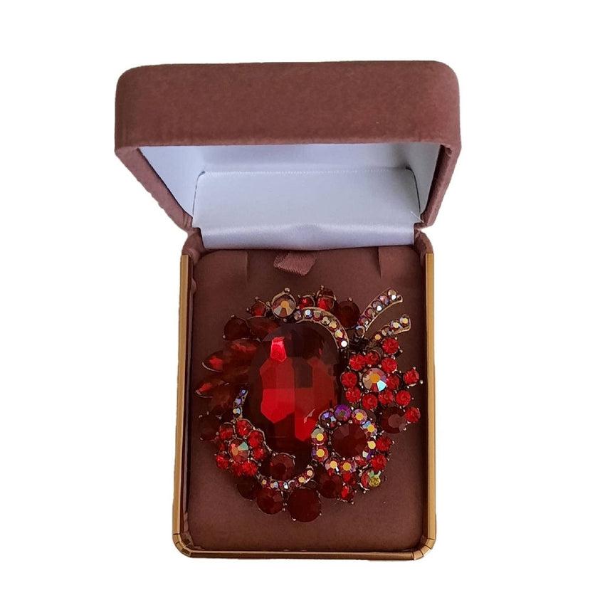 Red Stone Large Flower Centre Crystal Brooch