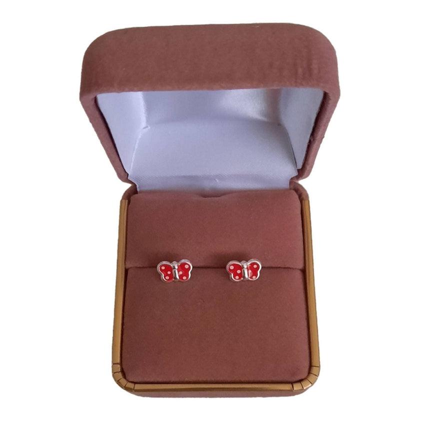 Red With Silver Spots Sterling Silver Butterfly Earrings