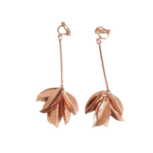 Rose Gold Leaf Drop Long Clip On Earrings