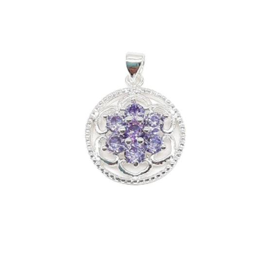Round Frame Purple Flower Centre Cubic Zirconia Pendant