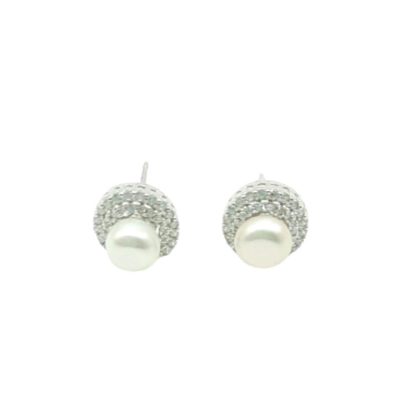 Round Pearl Stud Earrings With White Cubic Zirconia