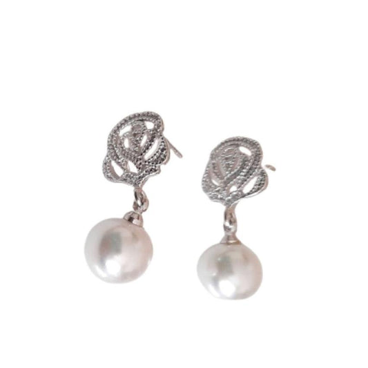 Round Stone 10mm Pearl Earrings With A CZ Flower Top