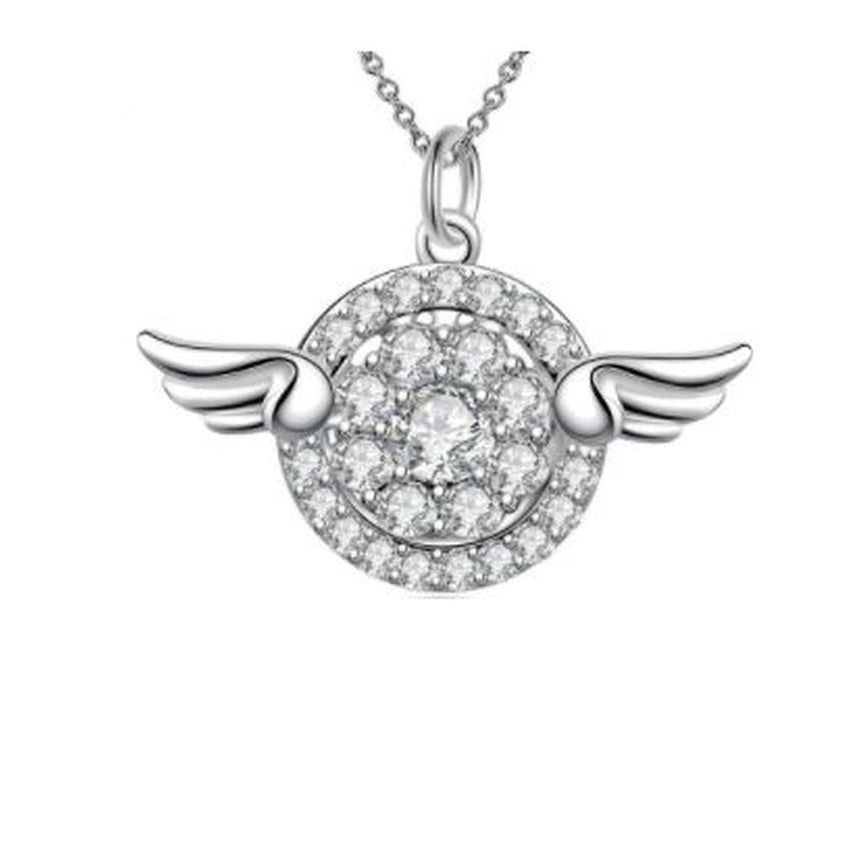 Round Austrian Crystal Centre Angel Pendant With Silver Wings