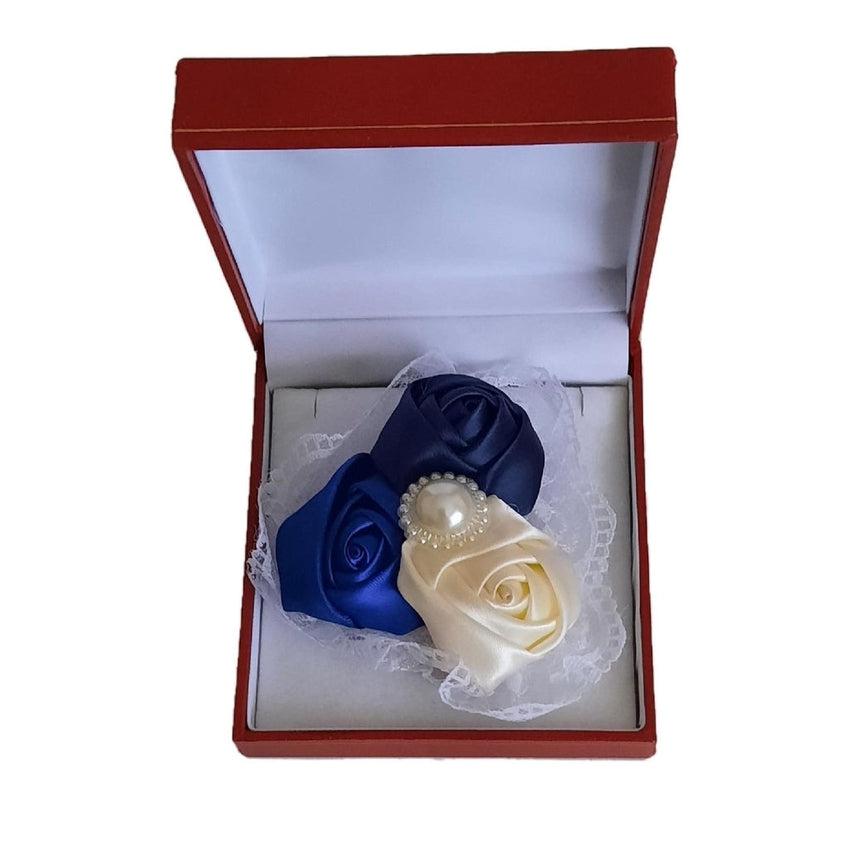 Royal Blue Navy Blue And Cream With a Pearl Centre Wrist Corsage