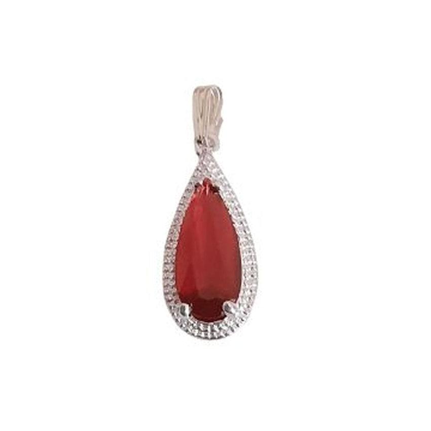 Ruby Coloured Pear Drop Stone Pendant in a Silver Frame