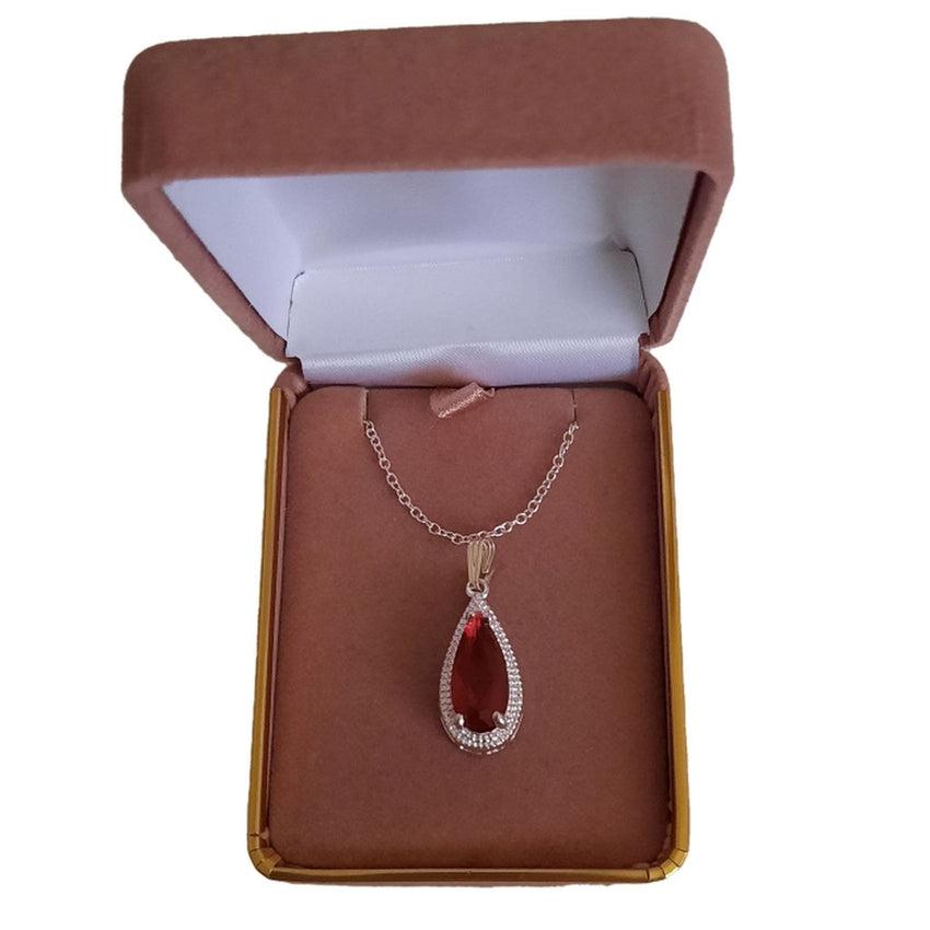 Ruby Coloured Pear Drop Stone Pendant in a Silver Frame